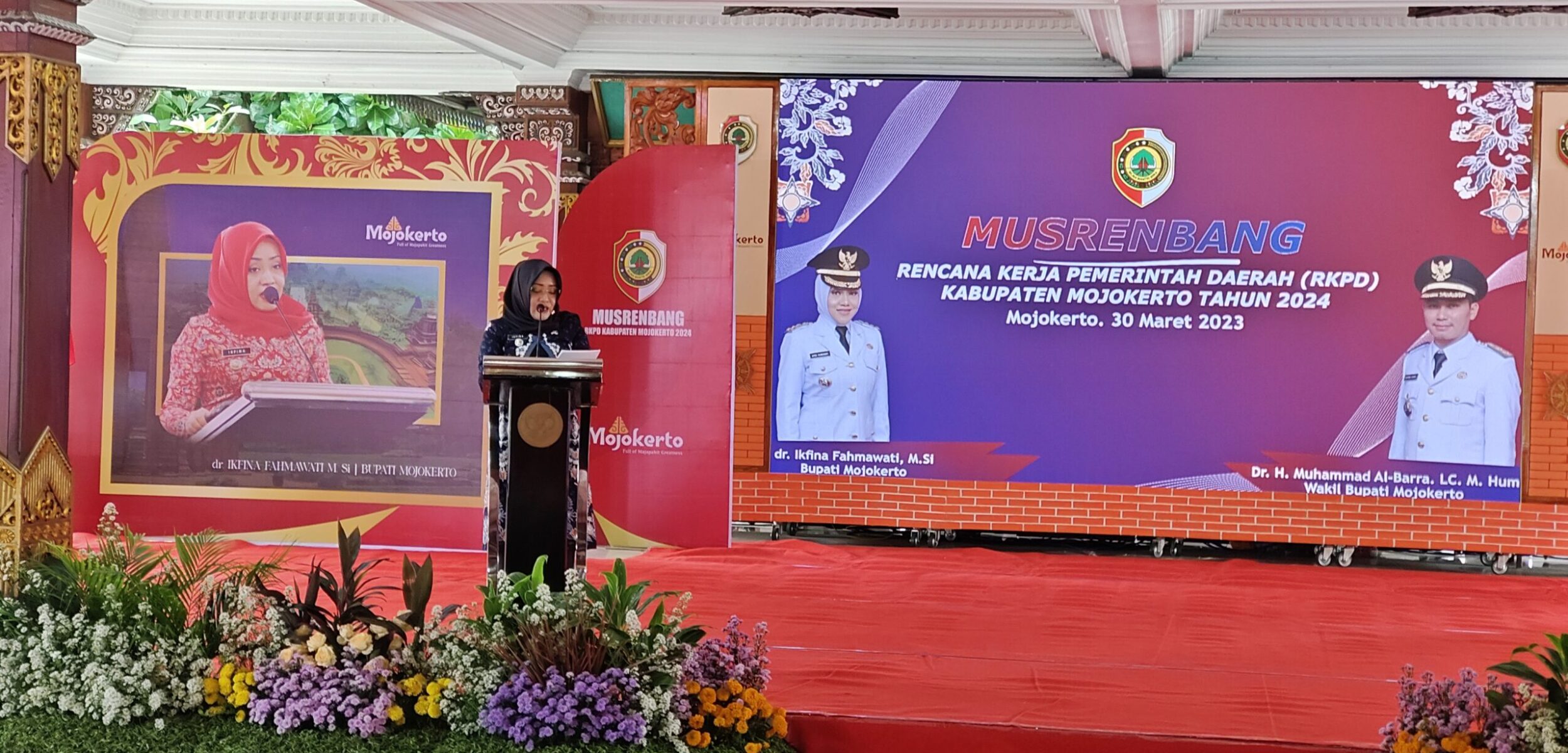 Bupati Mojokerto, Ikfina Fahmawati saat memberikan sambutan pada Musrenbang RKPD tahun 2024