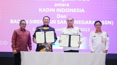 Ketua MPR Bamsoet (dua dari kiri), Kepala Badan Siber dan Sandi Negara (BSSN) Letjen TNI (Purn) Hinsa Siburian, Direktur Utama PT SPARK Gateway Indonesia Mr. David Chin. (Humas MPR)