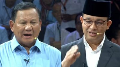 Prabowo Subianto dan Anies Baswedan dalam debat pertama Capres, Selasa (12/12/2023). (Kolase kabarterdepan.com) 