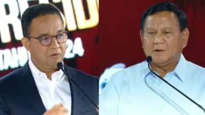 Anies Baswedan dan Prabowo Subianto dalam debat Capres ketiga, Minggu (7/1/2024). (Kolase kabarterdepan.com)