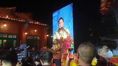 Prabowo Subianto menyampaikan sambutan di Syukuran Tahun Baru Naga Kayu, Jumat (2/2/2024) malam (Rawi / Kabarterdepan.com) 