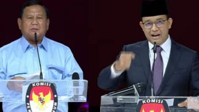 Prabowo Subianto dan Anies Baswedan dalam debat capres kelima, Minggu (4/2/2024). (Tangkapan layar YouTube KPU RI)