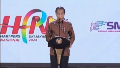 Presiden Jokowi saat menghadiri puncak Hari Pers Nasional, Selasa (20/2/2024). (Tangkapan layar YouTube PWIofficial)