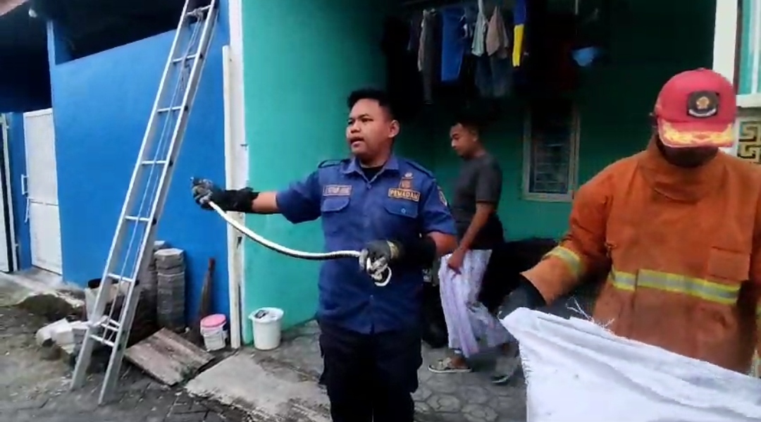 Petugas Damkar yang berhasil mengevakuasi ular kobra dari rumah warga. (Redaksi/kabarterdepan.com) 