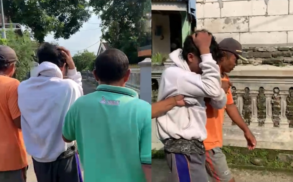 Aan (kaos putih), remaja asal Surabaya yang dihajar warga saat kepergok hendak mencuri sepeda Motor di Mojokerto. (Redaksi/kabarterdepan.com) 