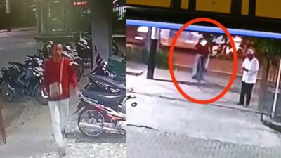 Kolase foto pria berjaket merah pelaku pencurian sepeda di masjid depan Mapolres Mojokerto. (Tangkapan layar CCTV).