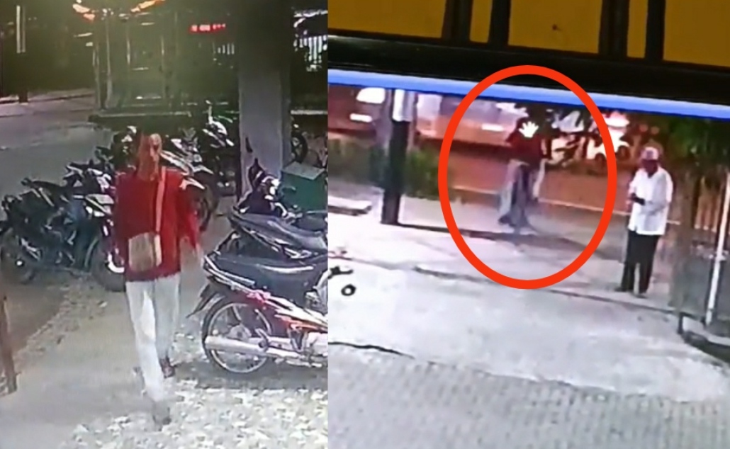 Kolase foto pria berjaket merah pelaku pencurian sepeda di masjid depan Mapolres Mojokerto. (Tangkapan layar CCTV). 