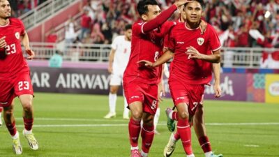 Pemain timnas Indonesia U-23 selebrasi setelah mencetak gol ke gawang Yordania, Minggu (21/4/2024). (PSSI.org)