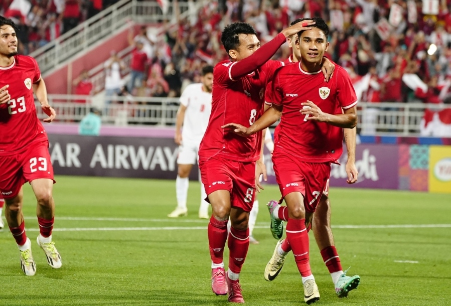 Pemain timnas Indonesia U-23 selebrasi setelah mencetak gol ke gawang Yordania, Minggu (21/4/2024). (PSSI.org) 