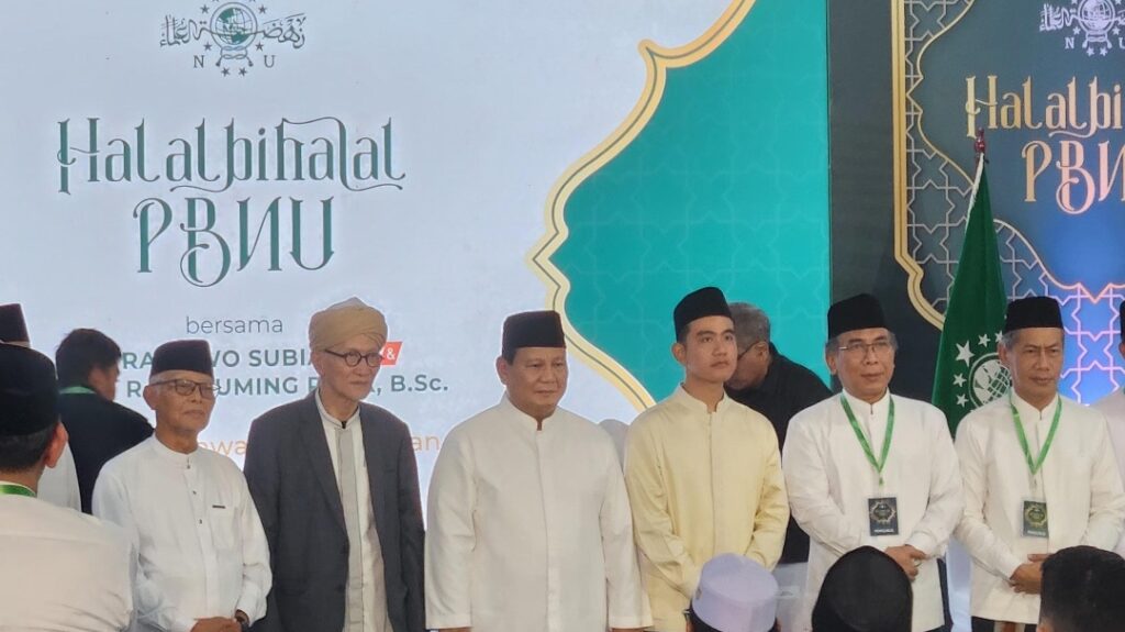 Prabowo dan Gibran hadir di halal bihalal PBNU, Minggu (28/4/2024). (Fajri/kabarterdepan.com)