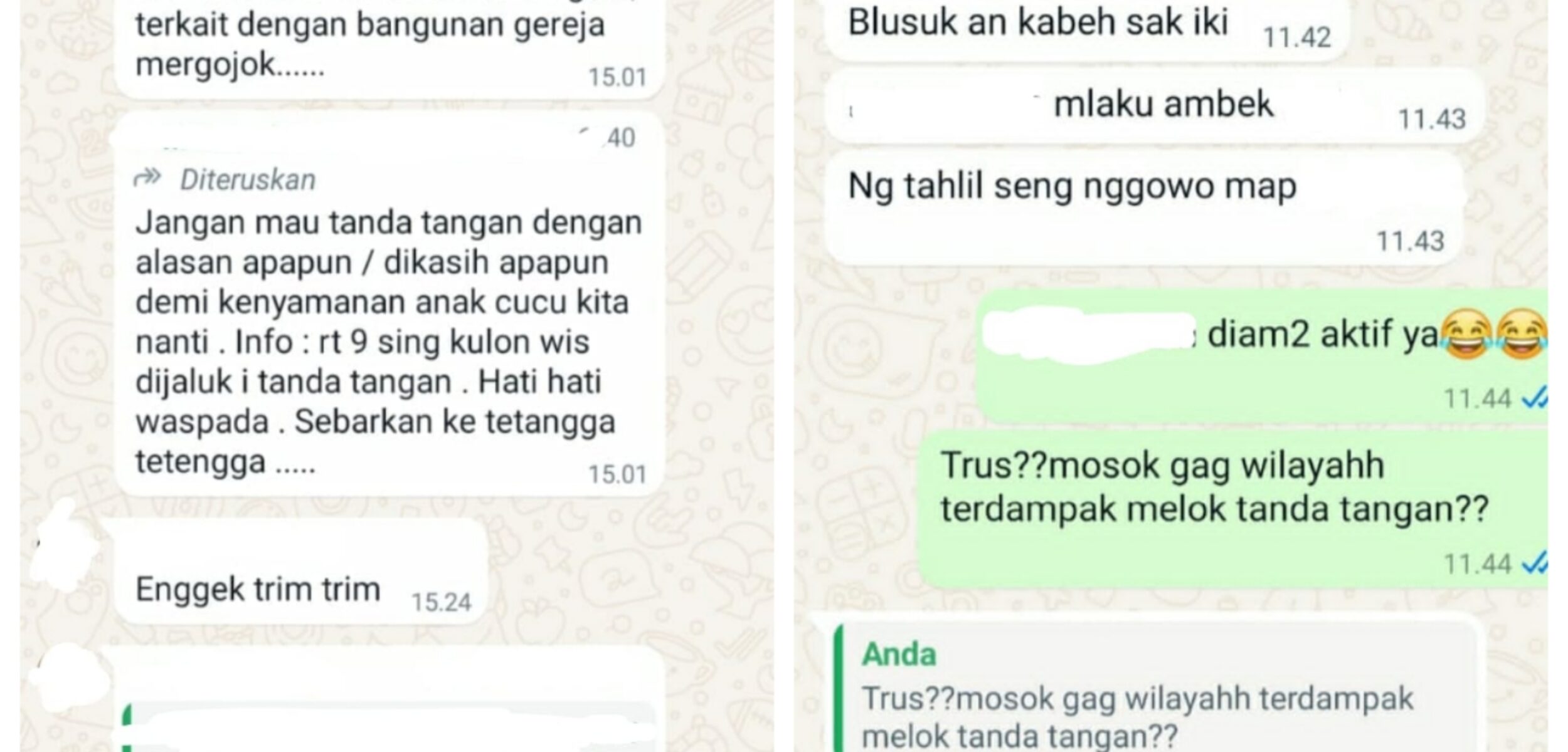 Tangkapan layar grup WhatsApp warga, dimana ada upaya pengumpulan tanda tangan untuk menolak IMB GPdI Tarik Sidoarjo oleh beberapa oknum (Andy / Kabarterdepan.com)