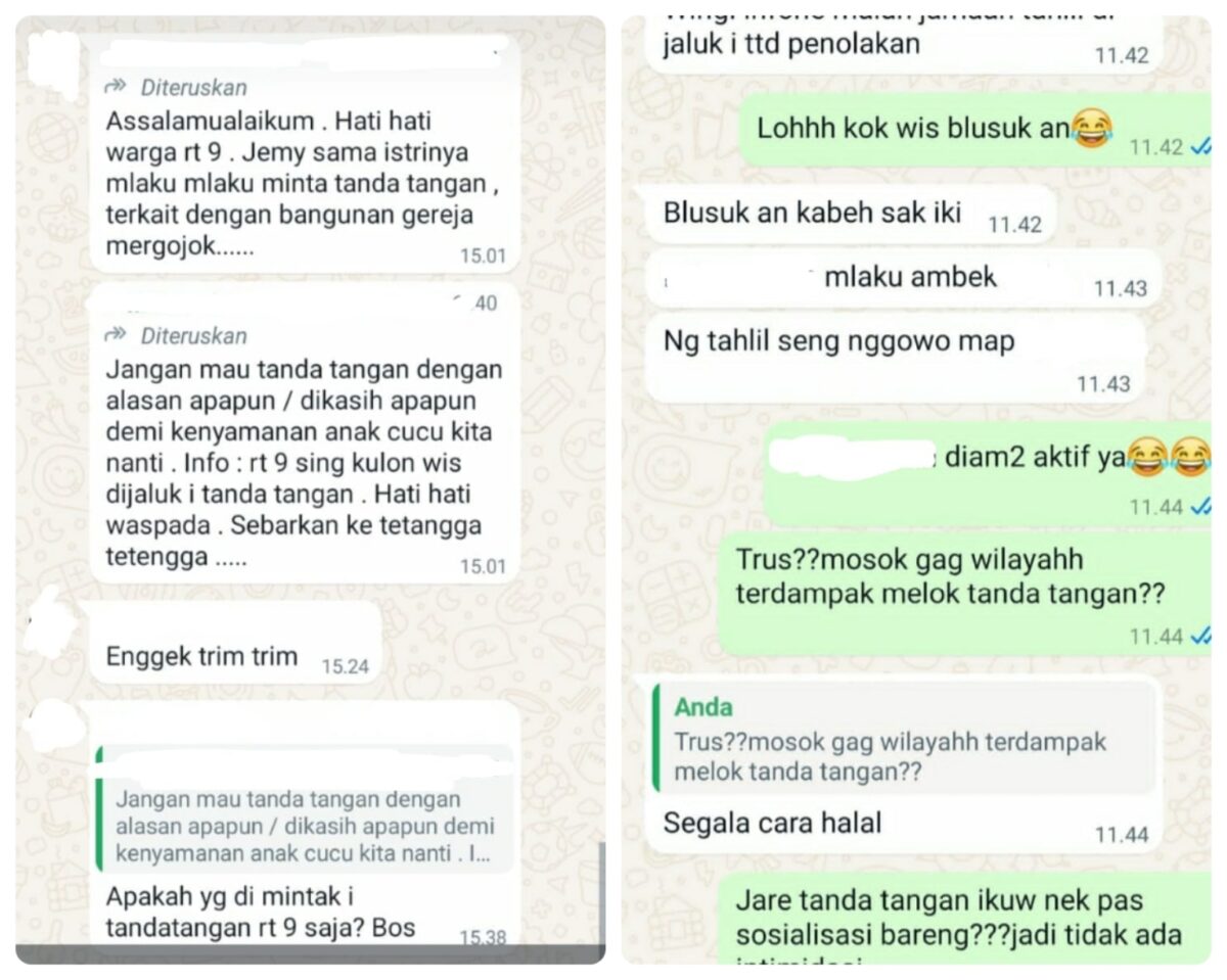 Tangkapan layar grup WhatsApp warga, dimana ada upaya pengumpulan tanda tangan untuk menolak IMB GPdI Tarik Sidoarjo oleh beberapa oknum (Andy / Kabarterdepan.com) 