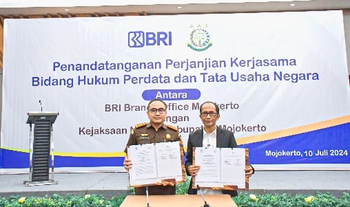 MOU antara BRI dan Kejari Kabupaten Mojokerto, Rabu (10/7/3024). (Alief Wahdana/kabarterdepan com) 