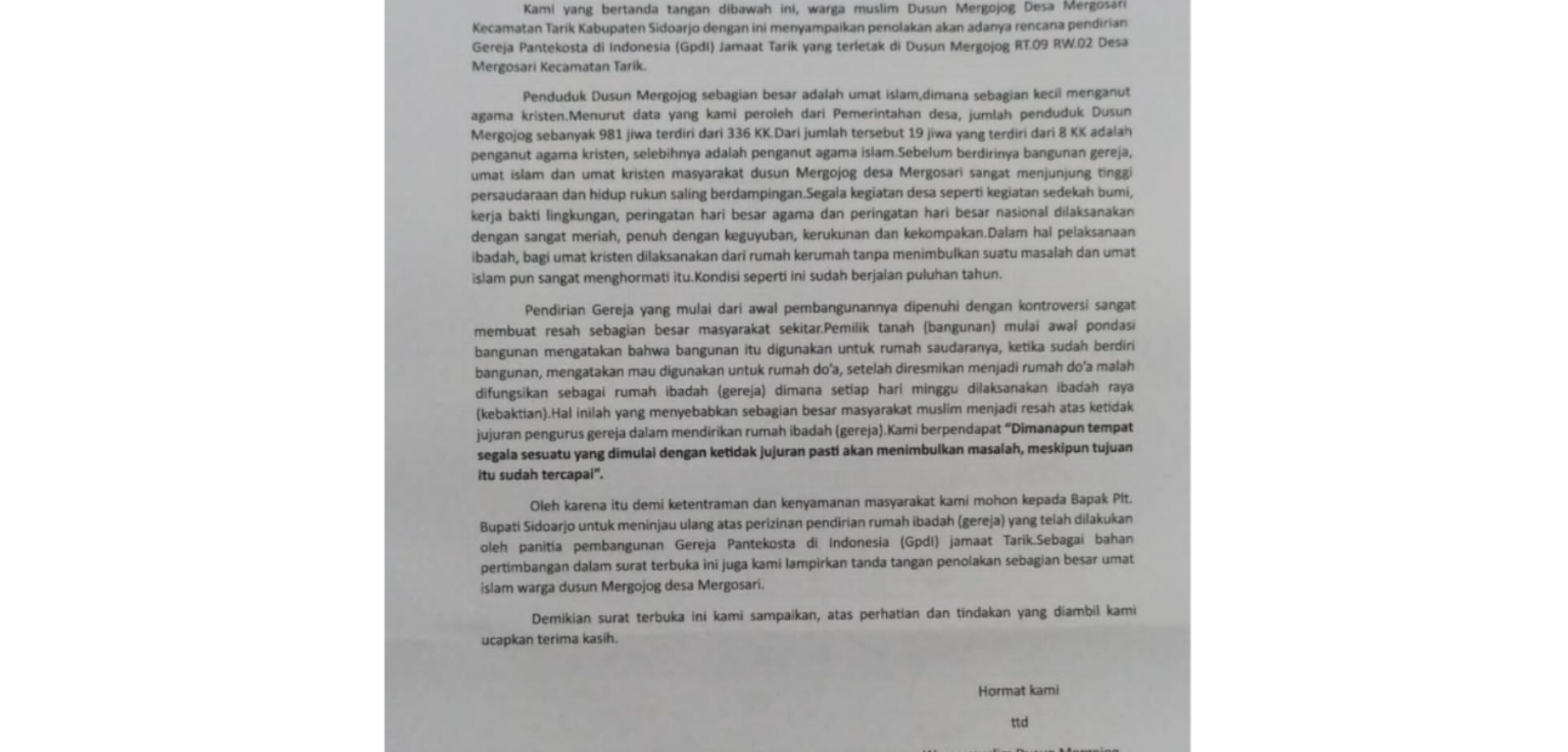 Surat Penolakan Pendirian GPdI Tarik kepada Bupati Sidoarjo, Apakah Isinya?