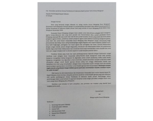 Surat Penolakan Pendirian GPdI Tarik kepada Bupati Sidoarjo, Apakah Isinya?