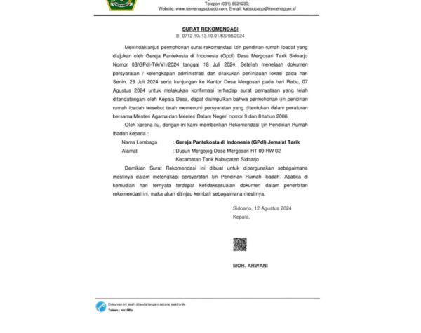 GPdI Tarik Sidoarjo Sudah Kantongi Surat Rekomendasi Izin Pendirian Rumah Ibadah dari Kemenag, Apakah Isinya?