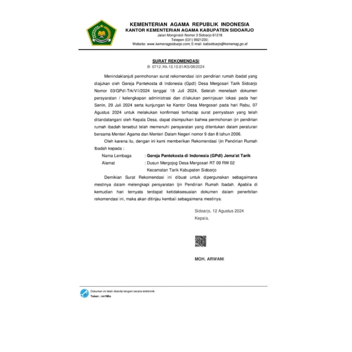 surat rekomendasi izin pendirian rumah ibadah dengan nomor B-0712/Kk. 13.10.01/KS/08/2024 yang ditandatangani Kepala Kemenag Kabupaten Sidoarjo, Dr H Moh Arwani, Senin (12/8/2024)