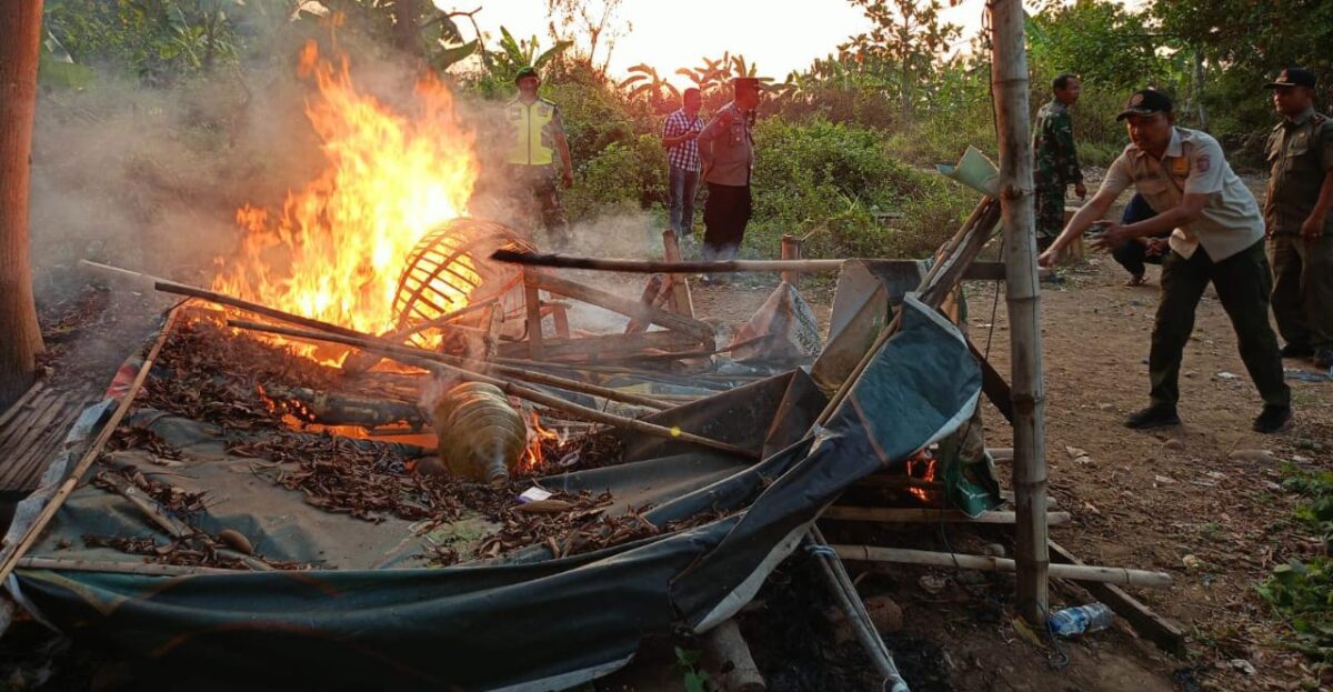 Petugas membakar arena judi sabung ayam di area pekarangan kosong Desa Kedungmaling, Kecamatan Sooko, Kabupaten Mojokerto, Senin (26/8/2024) sore (Andy / Kabarterdepan.com) 
