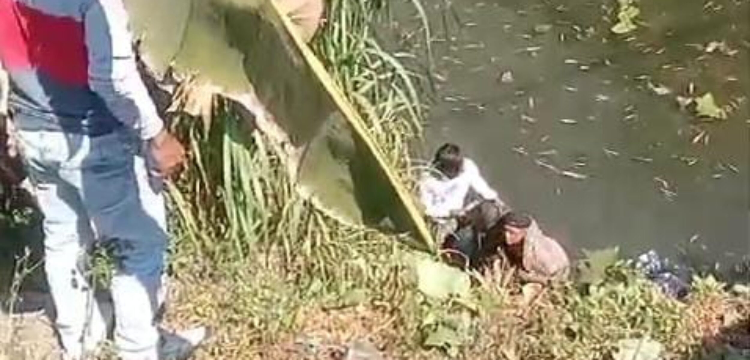 Kondisi wanita paruh baya, Alisia 45 dan anaknya usai motornya terjun ke sungai setelah pembatas jembatan di Dusun Bedagas, Kecamatan Pungging, Kabupaten Mojokerto, Kamis (5/9/2024) siang (Andy / Kabarterdepan.com) 