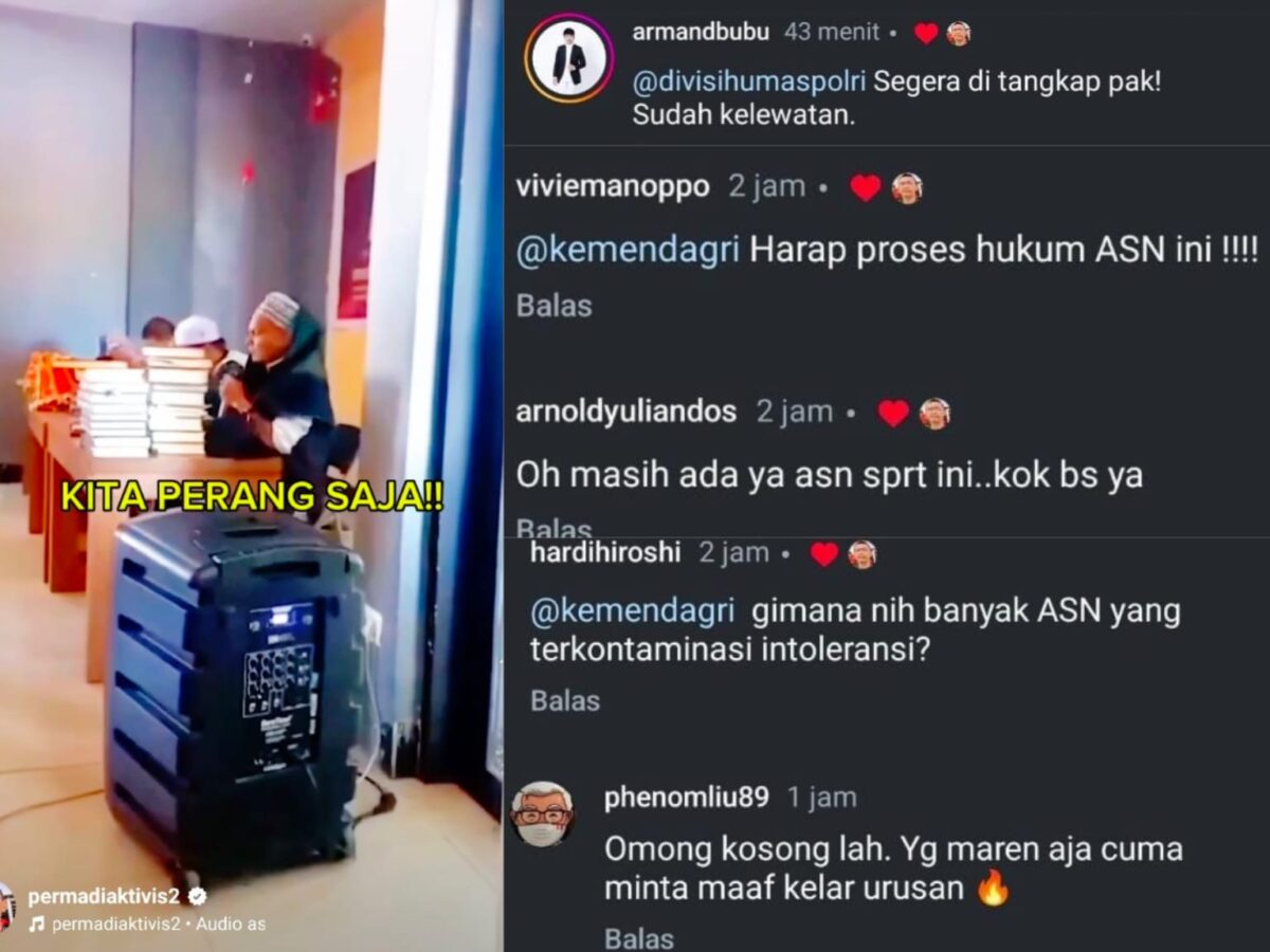 Kolase tangkapan layar video Fahri Nusantara yang mengajak warga untuk berperang di akun instagram @permadiaktivis2 dan komentar netizen (Redaksi / Kabar terdepan)