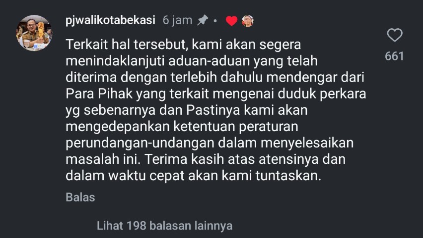 Tangkapan layar tanggapan Pj Wali Kota Bekasi, Raden Gani Muhamad melalui akun instagram @pjwalikotabekasi di postingan video @permadiaktivis2