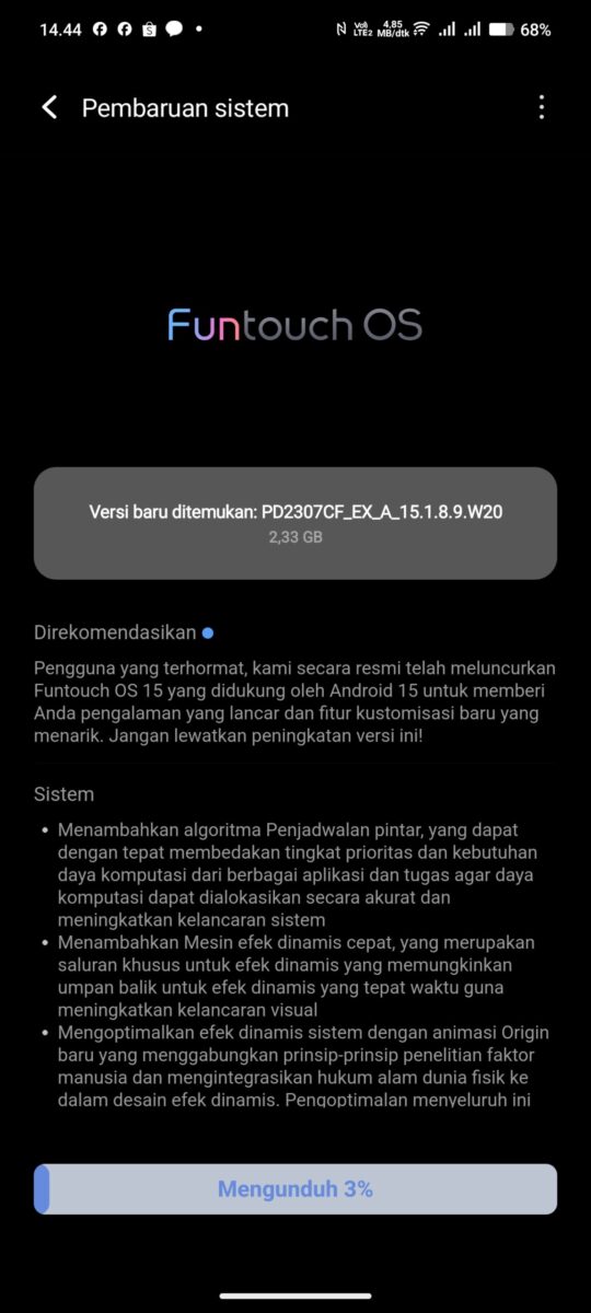 Notifikasi update Funtouch OS 15 dengan Android 15 di iQOO 12 (Andy / Kabarterdepan.com) 