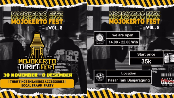 Pamflet yang berisi waktu dan tempat Thrift Fest Vol. 8 Mojokerto. (@updatemojokerto / Kabarterdepan.com)