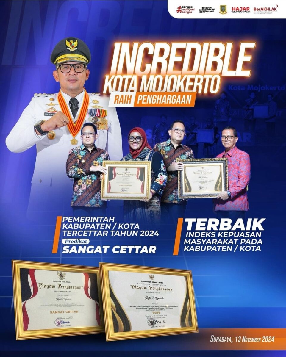 Poster penghargaan yang diraih oleh Kota Mojokerto. ( @humaskotamojokerto / Kabarterdepan.com)