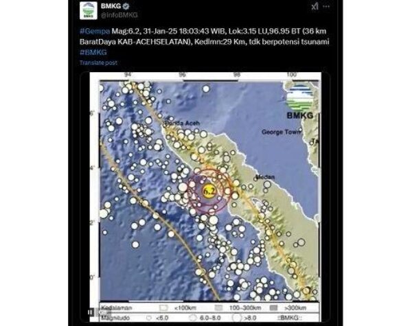 Gempa Magnitudo 6,2 Guncang Aceh, Getaran Dirasakan Hingga Medan