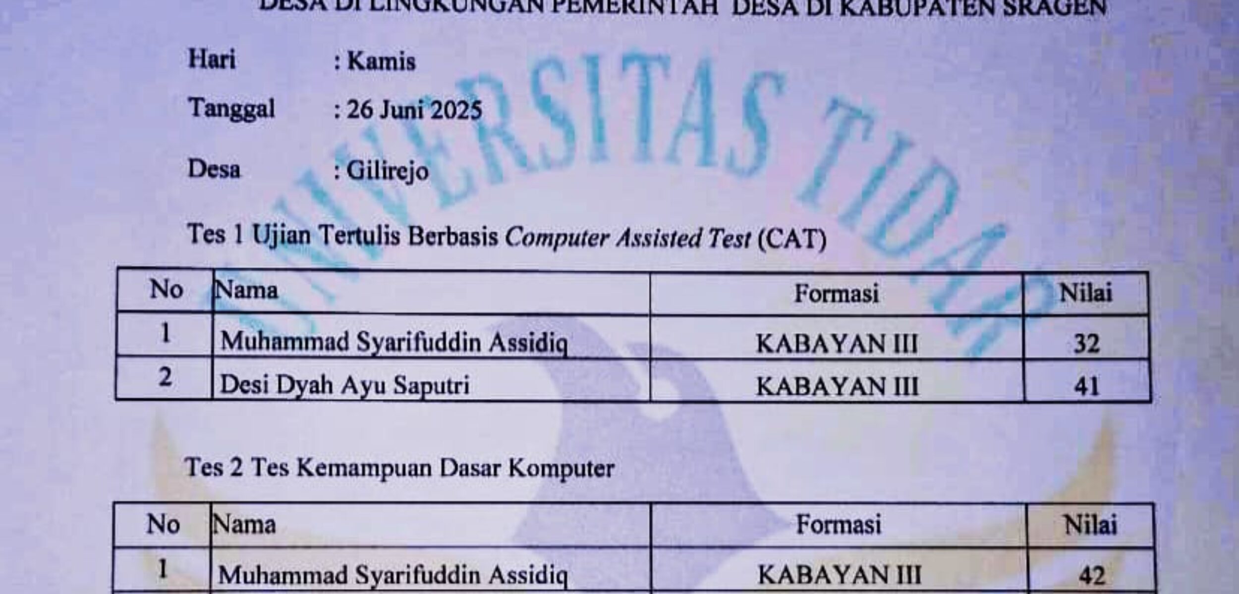 Hasil Uji Kompetensi Ulang Perangkat Desa Gilirejo Sragen Mengejutkan, Desi Dyah Ayu Saputri Raih Nilai Tertinggi