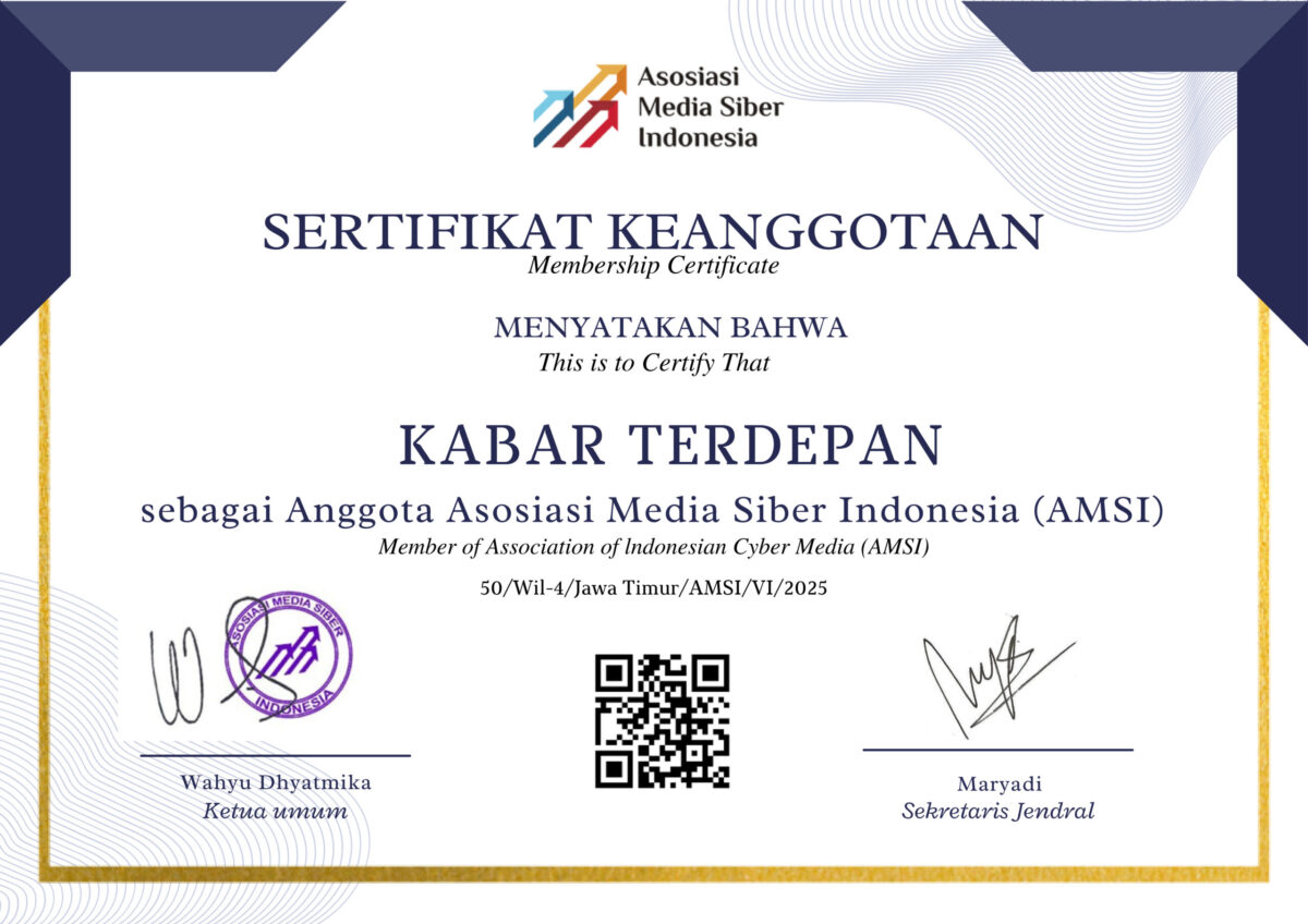 Sertifikat Keanggotaan Kabar Terdepan di Asosiasi Media Siber Indonesia (AMSI) dengan nomor registrasi 50/Wil-4/Jawa Timur/AMSI/VI/2025 (AMSI Pusat untuk Kabarterdepan.com)