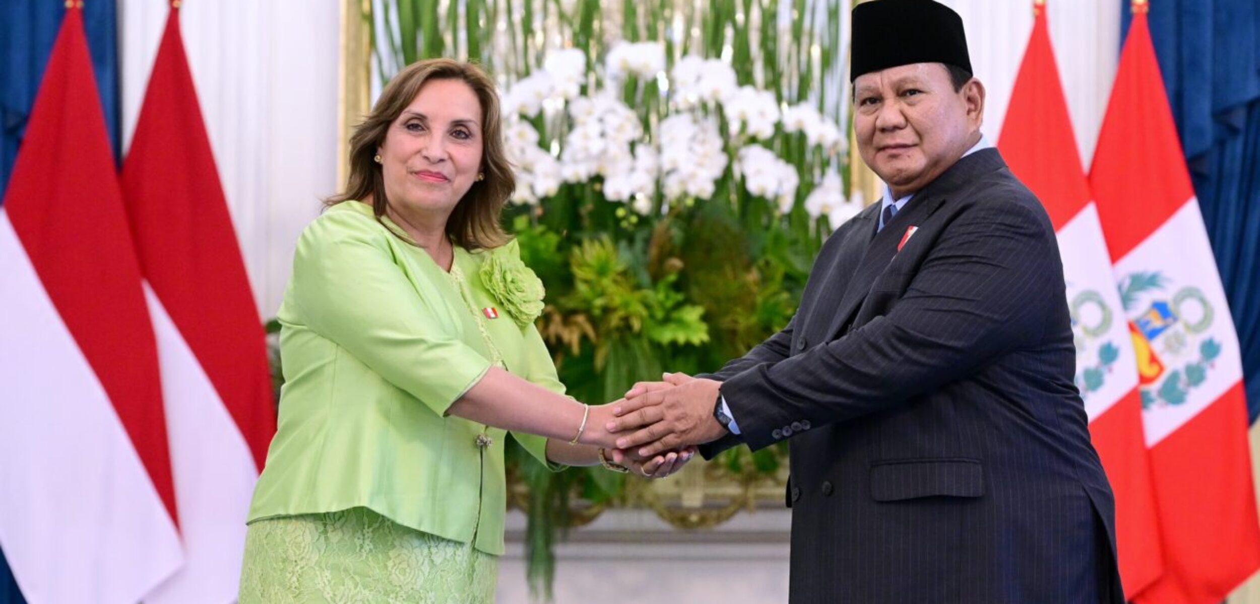 Presiden Prabowo menyambut kehadiran Presiden Republik Peru Dina Ercilia Boluarte Zegarra. (BPMI Setpres)