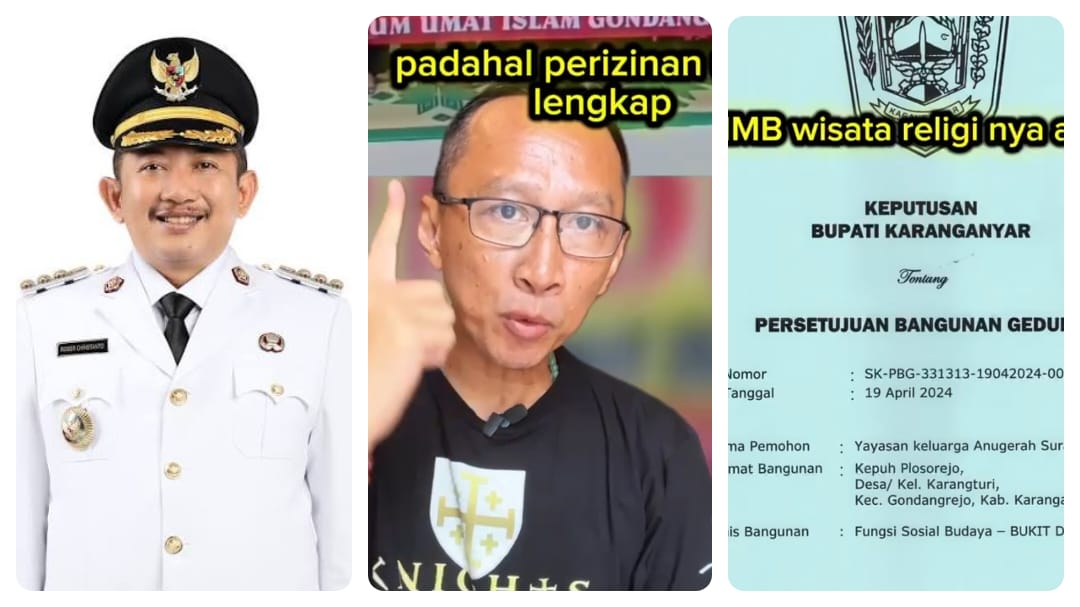 IMG 20250920 WA0018 1 Kolase foto Bupati Karanganyar Rober Christianto, tangkapan layar Pegiat Sosial Media Abu Janda dan IMB / PBG Bukit Doa (Redaksi / Kabarterdepan.com)