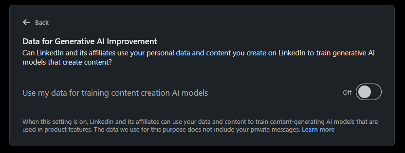 Laman pengaturan Data for Generative AI Improvement Linkedin 2 Laman pengaturan Data for Generative AI Improvement untuk ijinkan Linkedin Gunakan Data Pengguna Pengguna.
