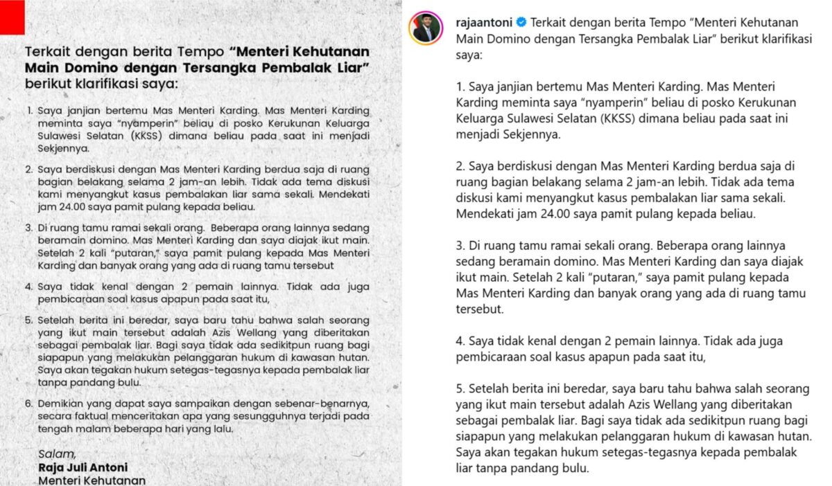 Postingan klarifikasi Menteri Kehutanan (Menhut), Raja Juli Antoni. (Instagram/rajaantoni)