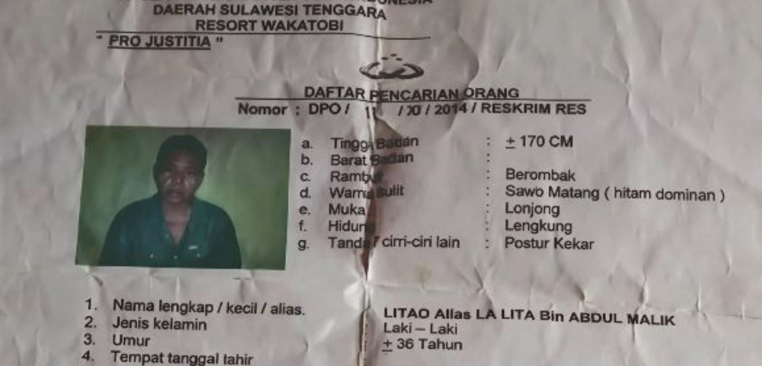 Surat penetapan DPO Litao alias La Lita bin Abdul Malik.