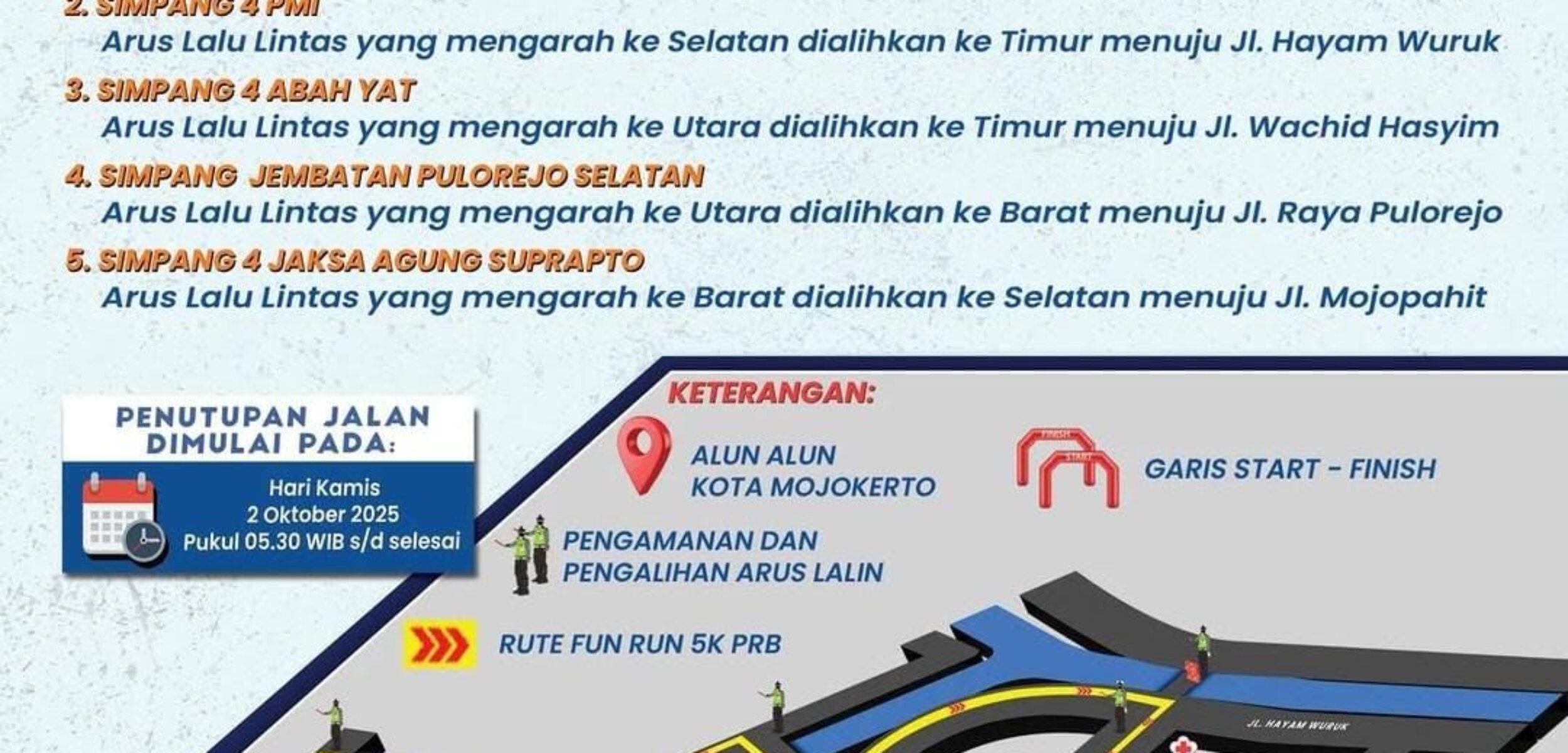 Potret rute pengalihan lalu lintas Mojokerto Fun Run 5K Dalam Rangka Peringatan Bulan PRB 2025 ( Kasatlantas polres Mojokerto for kabarterdepan)