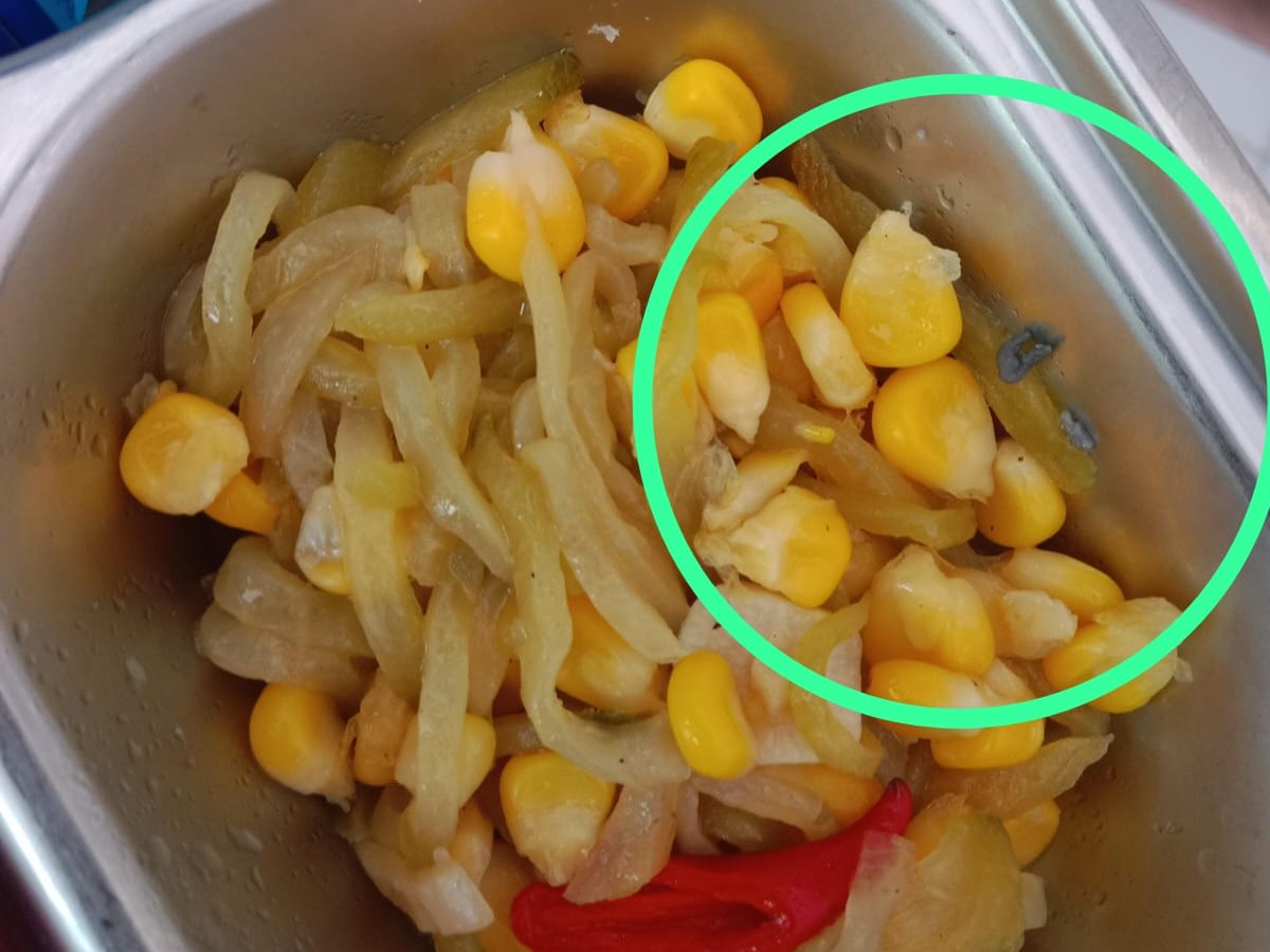 Potret diduga ulat dalam menu MBG salah satu ompreng siswa SDN Wates 2 Kota Mojokerto. (Izhah / Kabarterdepan.com)