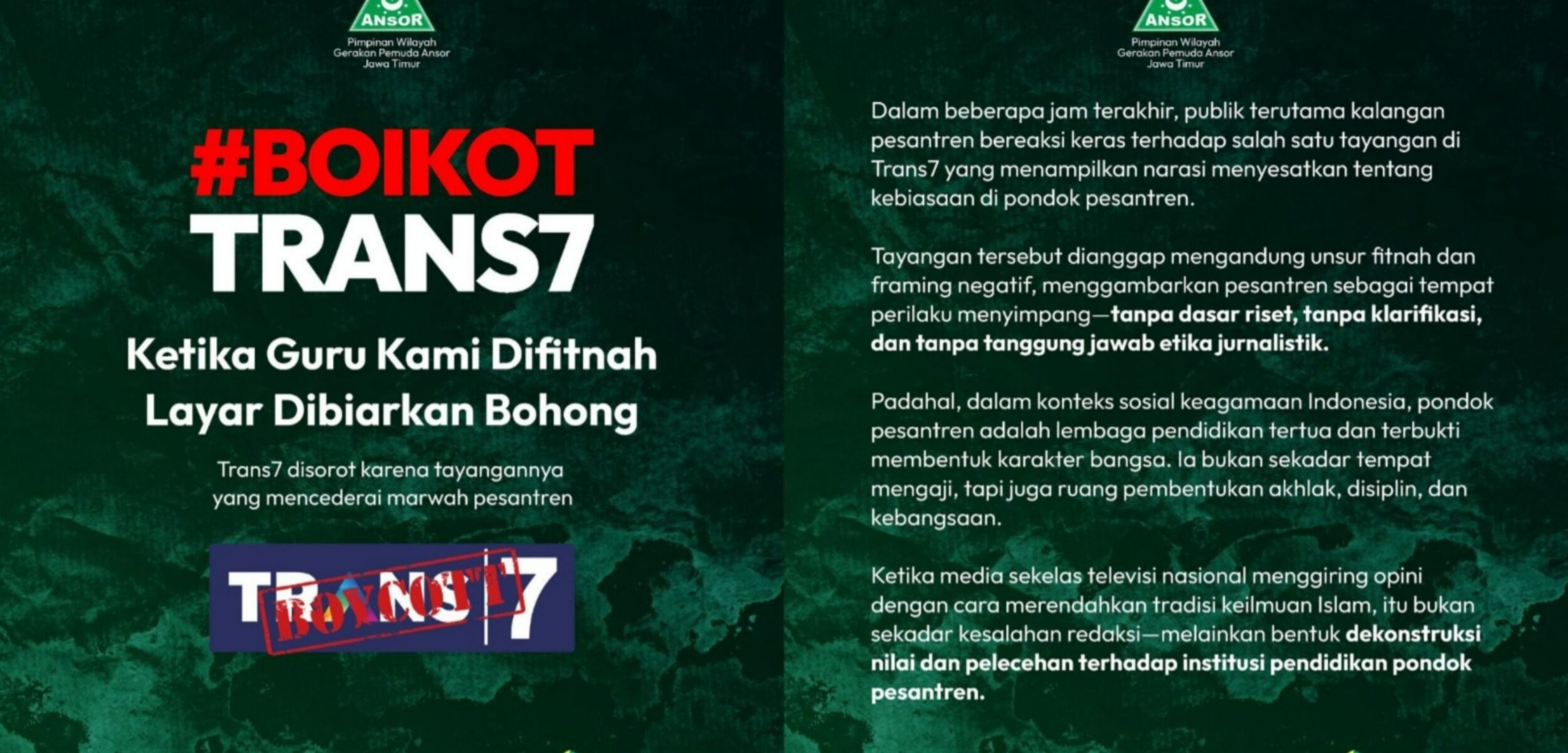 Pimpinan Wilayah Gerakan Pemuda Ansor (PW GP Ansor) Jawa Timur melayangkan protes keras kepada stasiun televisi swasta Trans7. (X)