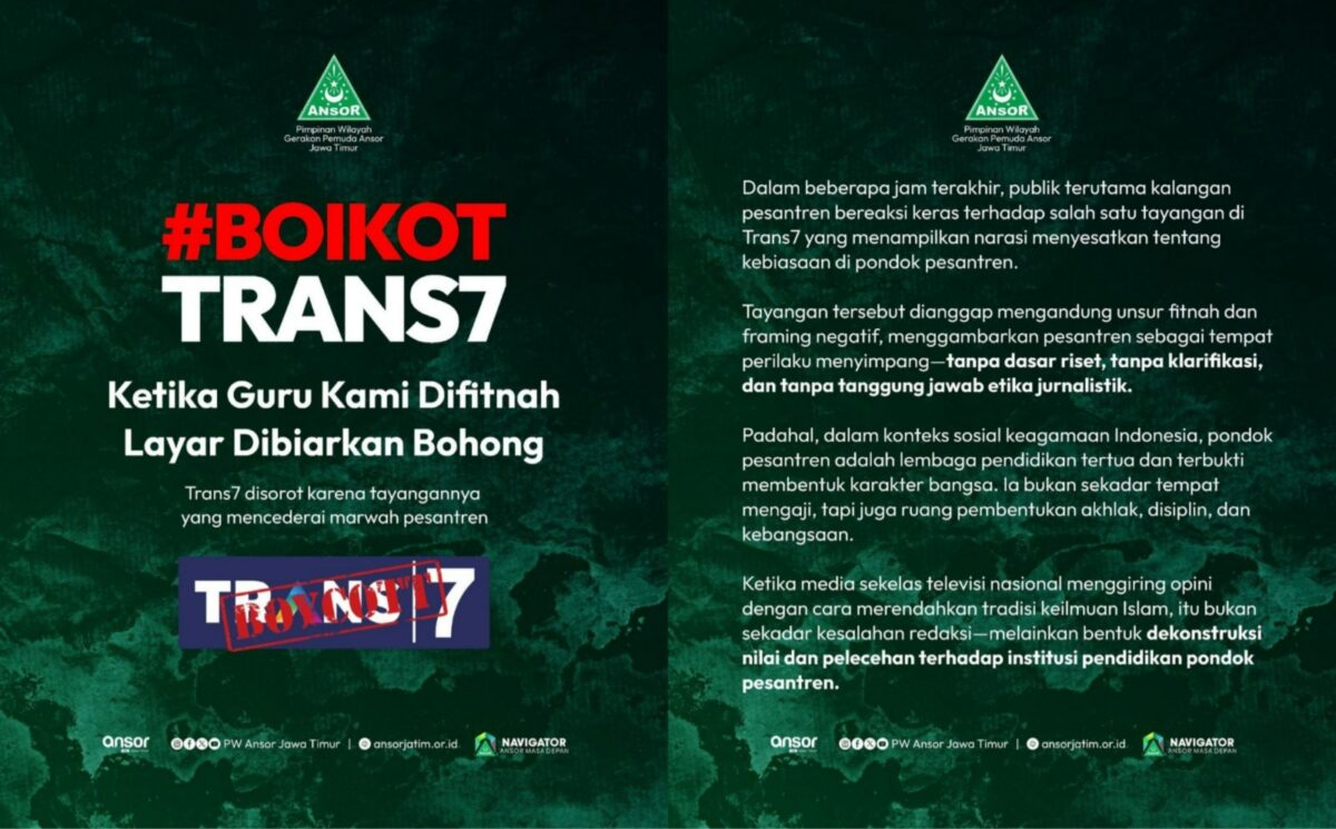GP Ansor Jatim melayangkan protes keras kepada stasiun televisi swasta Trans7. (X)