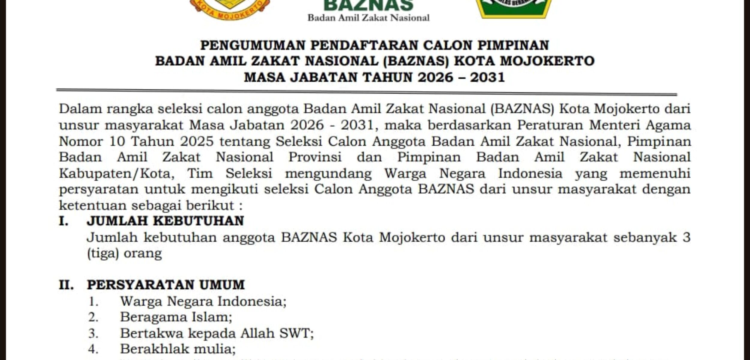 Pemerintah Kota (Pemkot) Mojokerto resmi membuka pendaftaran calon pimpinan Badan Amil Zakat Nasional (BAZNAS) Kota Mojokerto untuk masa jabatan tahun 2026–2031. (Kominfo Kota Mojokerto)