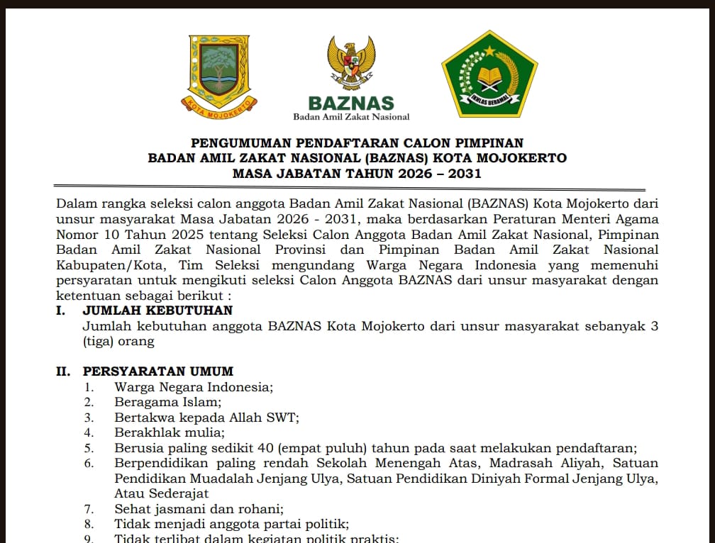 Pemerintah Kota (Pemkot) Mojokerto resmi membuka pendaftaran calon pimpinan Badan Amil Zakat Nasional (BAZNAS) Kota Mojokerto untuk masa jabatan tahun 2026–2031. (Kominfo Kota Mojokerto)