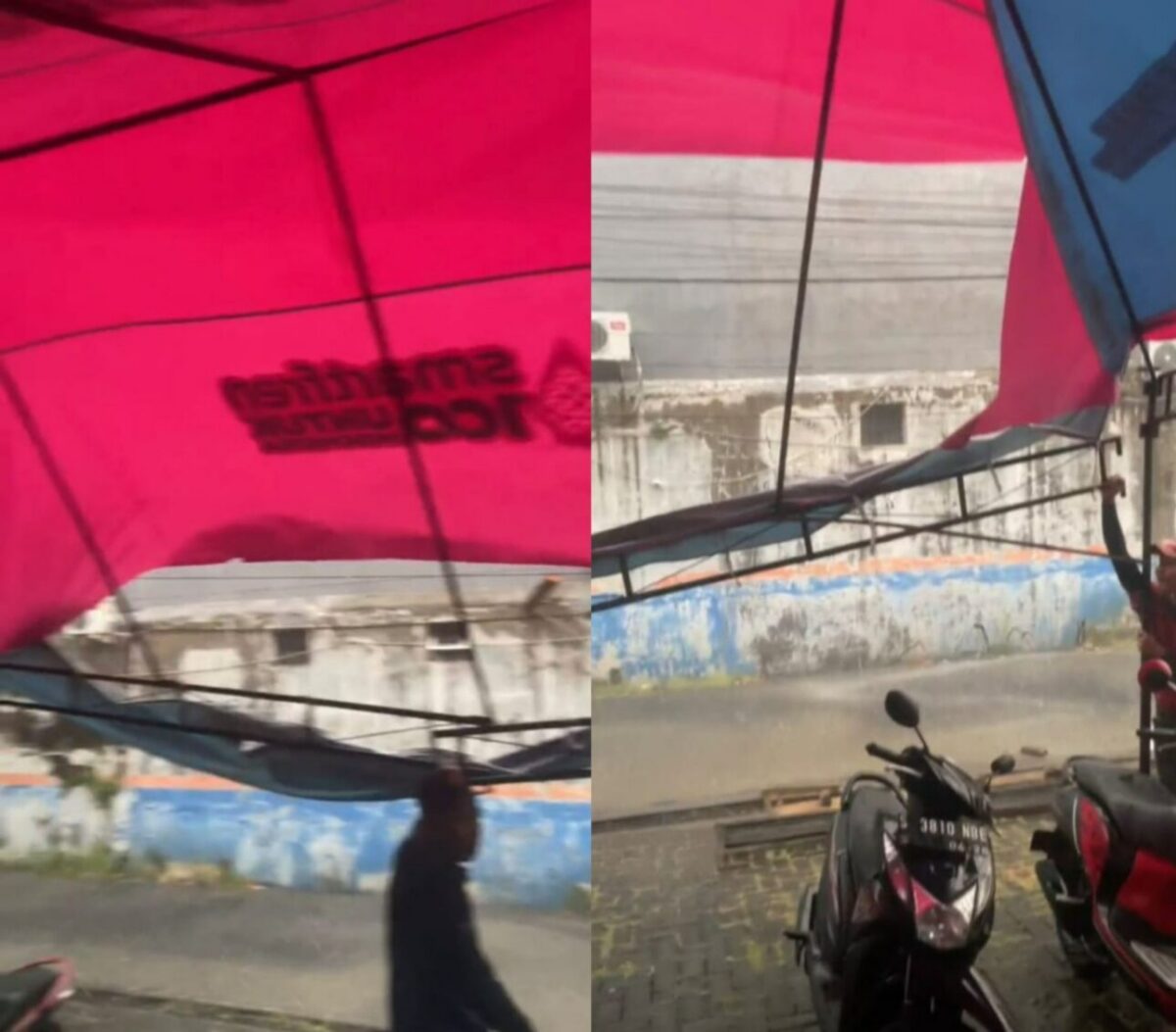 Tenda parkir di area depan kantor Kabarterdepan.com nyaris terbang terbawa angin kencang. (Redaksi)
