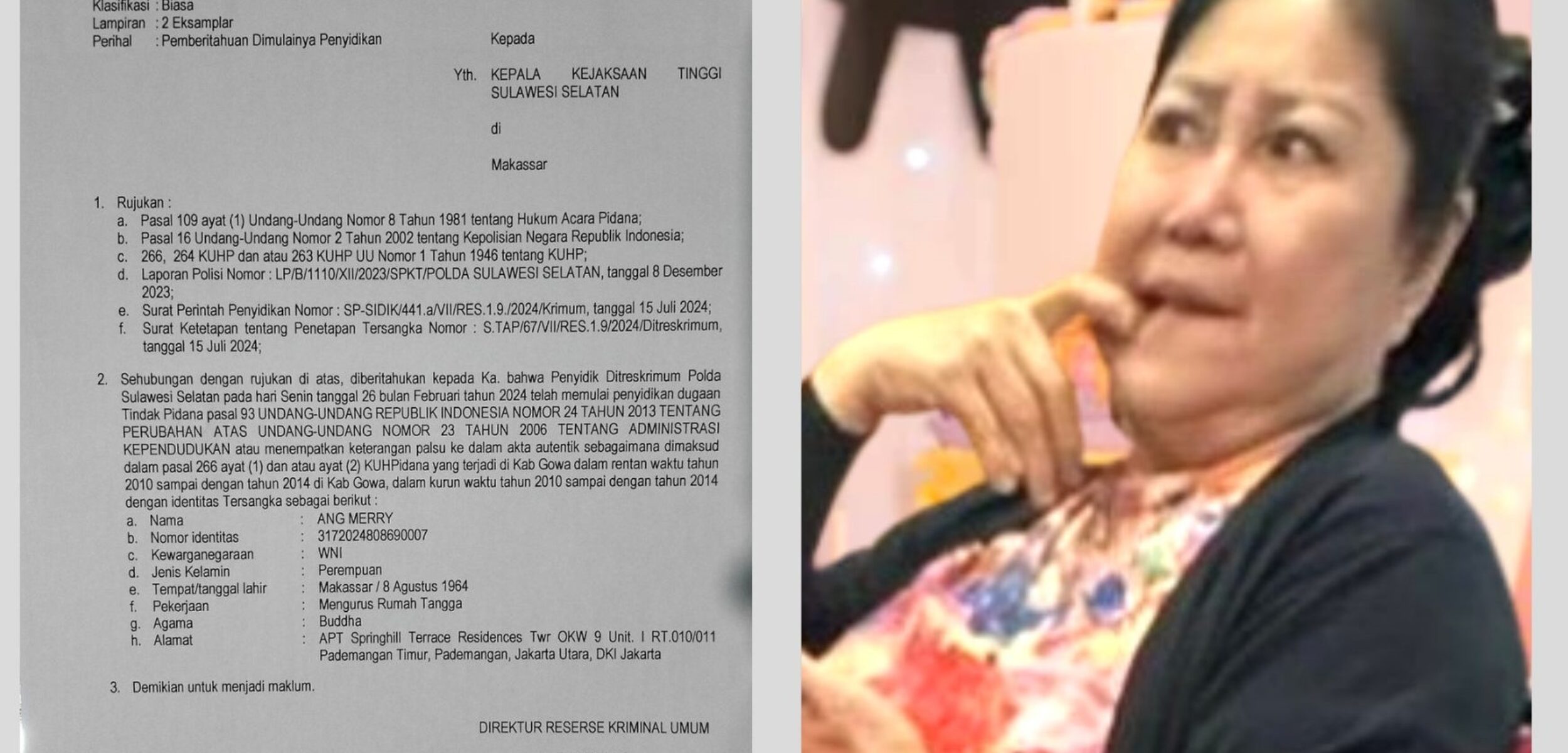 Kolase laporan polisi dan tersangka Ang Merry.