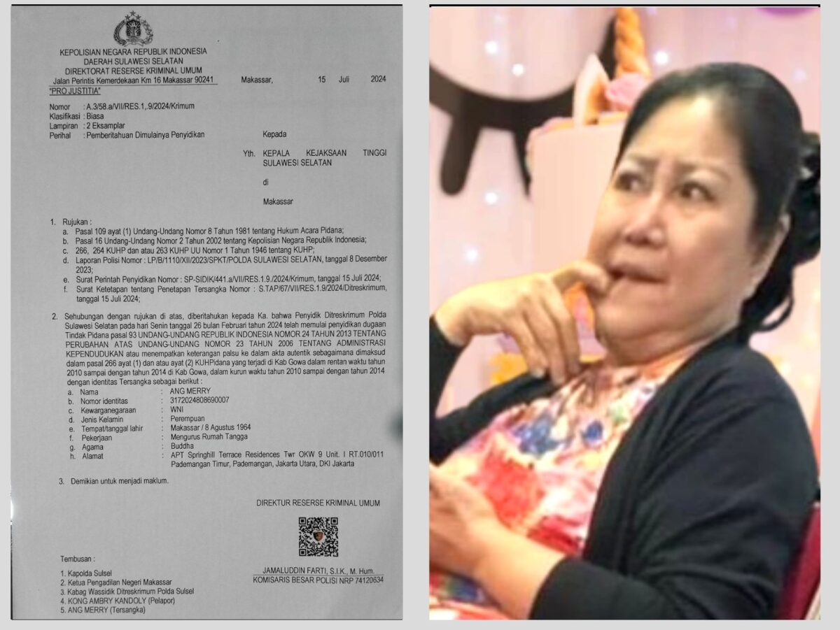 Kolase laporan polisi dan tersangka Ang Merry.