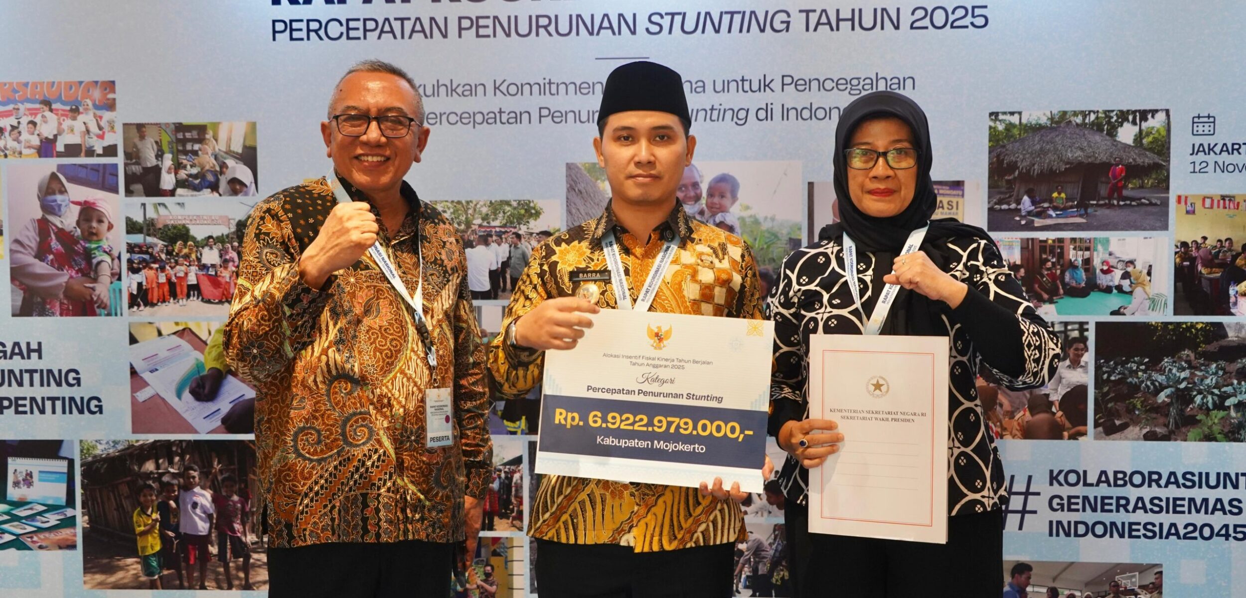 Bupati Mojokerto Muhammad Albarra menerima Alokasi Insentif Fiskal Kinerja Tahun Berjalan 2025 dalam kegiatan Rapat Koordinasi Nasional (Rakornas) Percepatan Penurunan Stunting Tahun 2025. (Kominfo Kab Mojokerto)