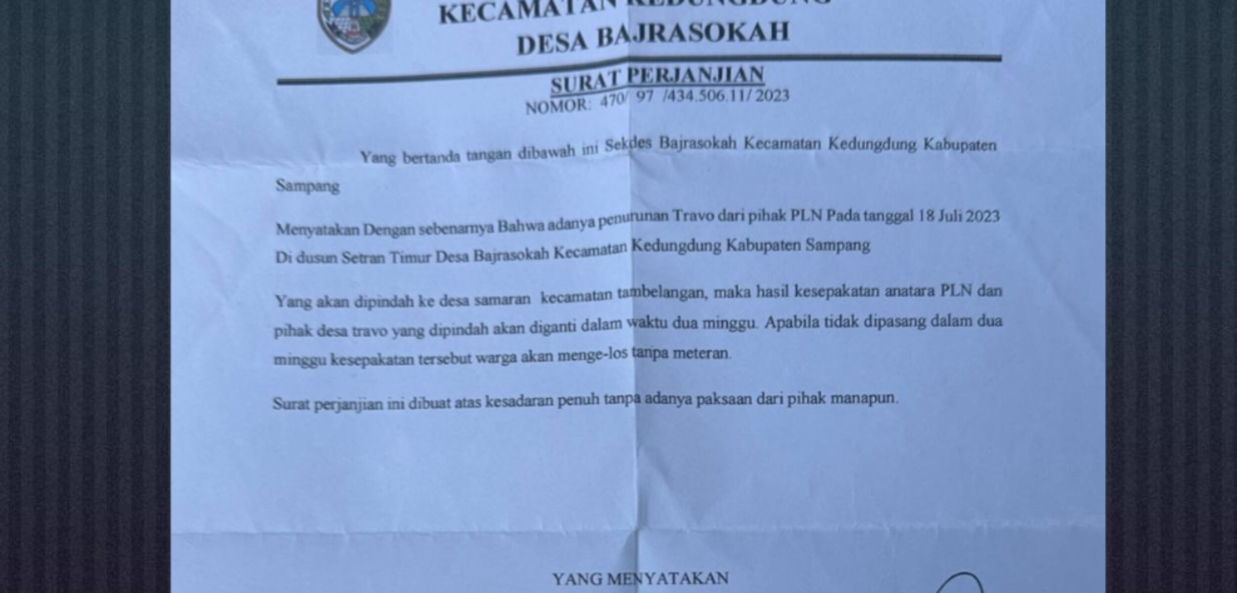 Surat perjanjian yang ditandatangani PLN Sampang (fais/kabarterdepan.com)
