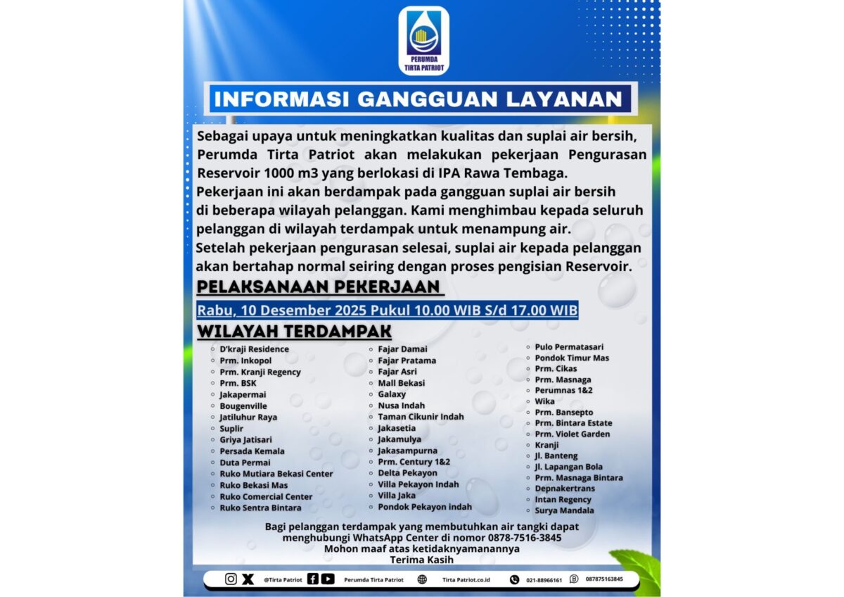 Perumda Tirta Patriot akan melakukan pekerjaan pengurasan Reservoir 1000 m³. (Istimewa)