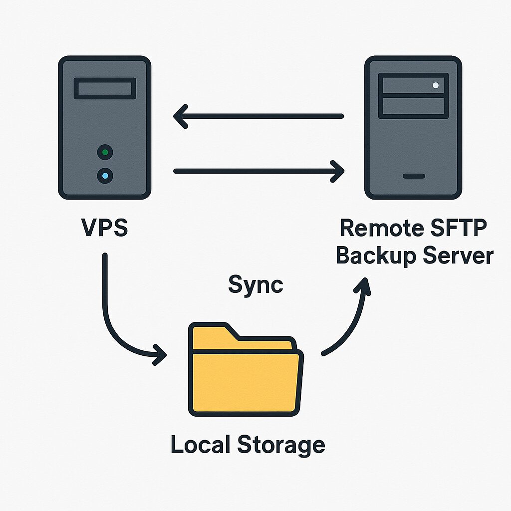 Diagram jaringan yang menunjukkan alur sinkronisasi antara server VPS, folder penyimpanan lokal, dan server backup SFTP eksternal dalam strategi backup VPS.